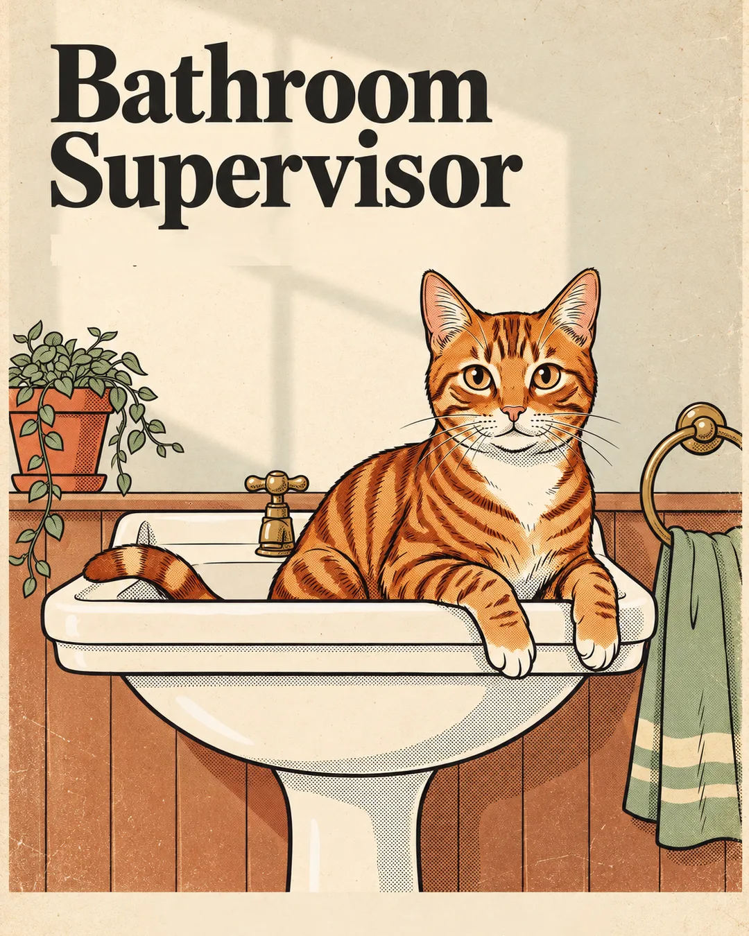 The Bathroom Supervisor canvas in a brown floater frame, with an orange cat sitting in a sink