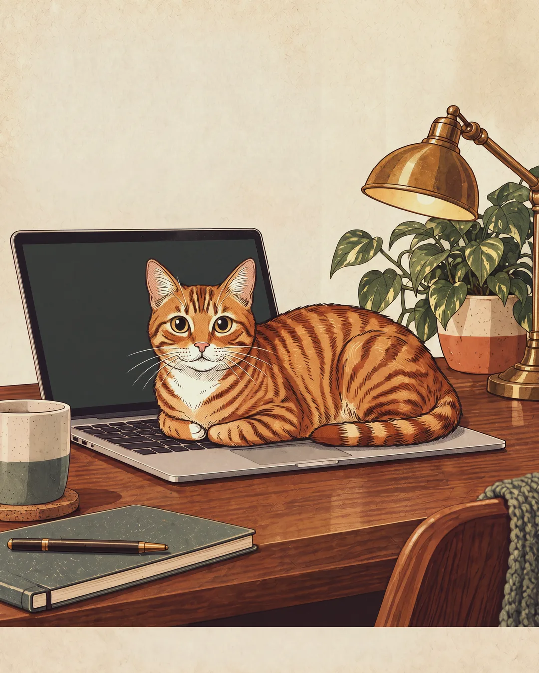 An orange cat lying across a laptop on a desk