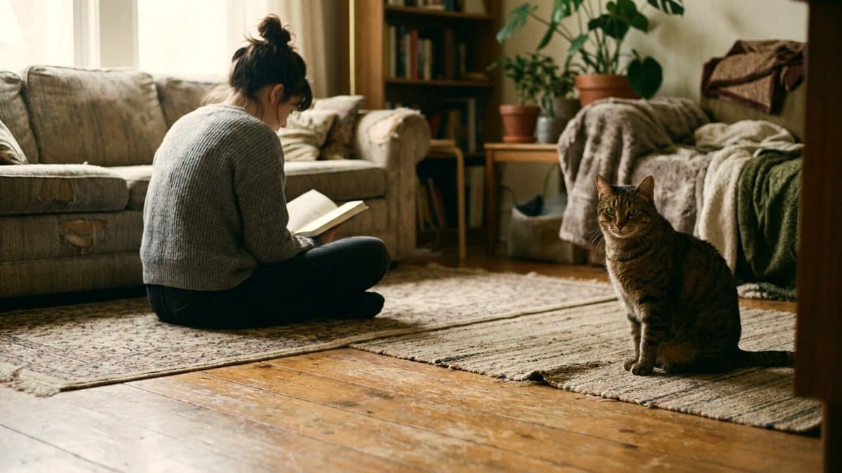 A woman sits cross-legged on a rug, half turned away, reading an open book she holds up in front of her; a tabby cat sits on another rug several feet away, upright and settled, looking toward the camera.