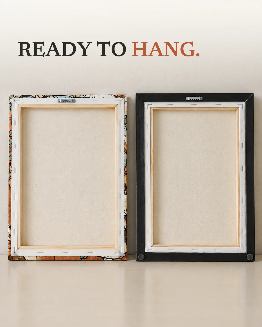 The Bathroom Supervisor: illustration of the back of a stretched canvas, with a sawtooth hanger at the top, and of a black floater frame, with a sawtooth hanger at the top and two rear bumpers at the bottom corners.