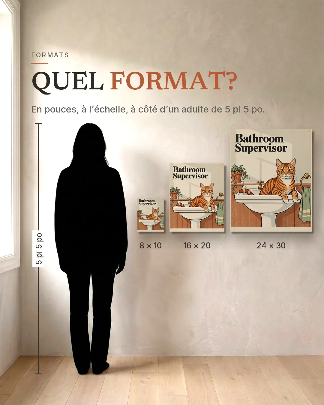 La surveillante de la salle de bain : les trois formats, 8 × 10, 16 × 20 et 24 × 30 po, au mur à côté de la silhouette d’un adulte de 5 pi 5 po.