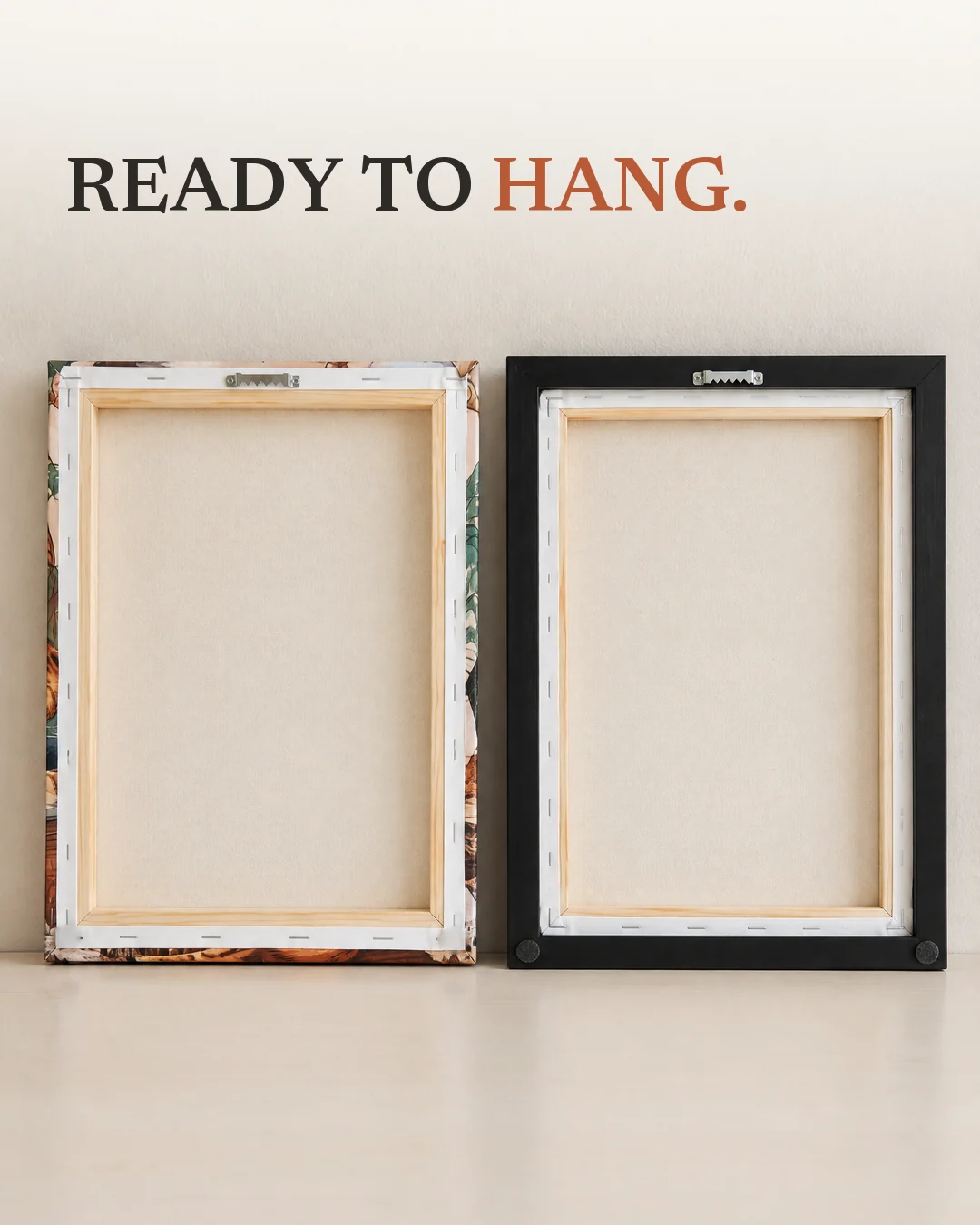 The Keyboard Warmer: illustration of the back of a stretched canvas, with a sawtooth hanger at the top, and of a black floater frame, with a sawtooth hanger at the top and two rear bumpers at the bottom corners.