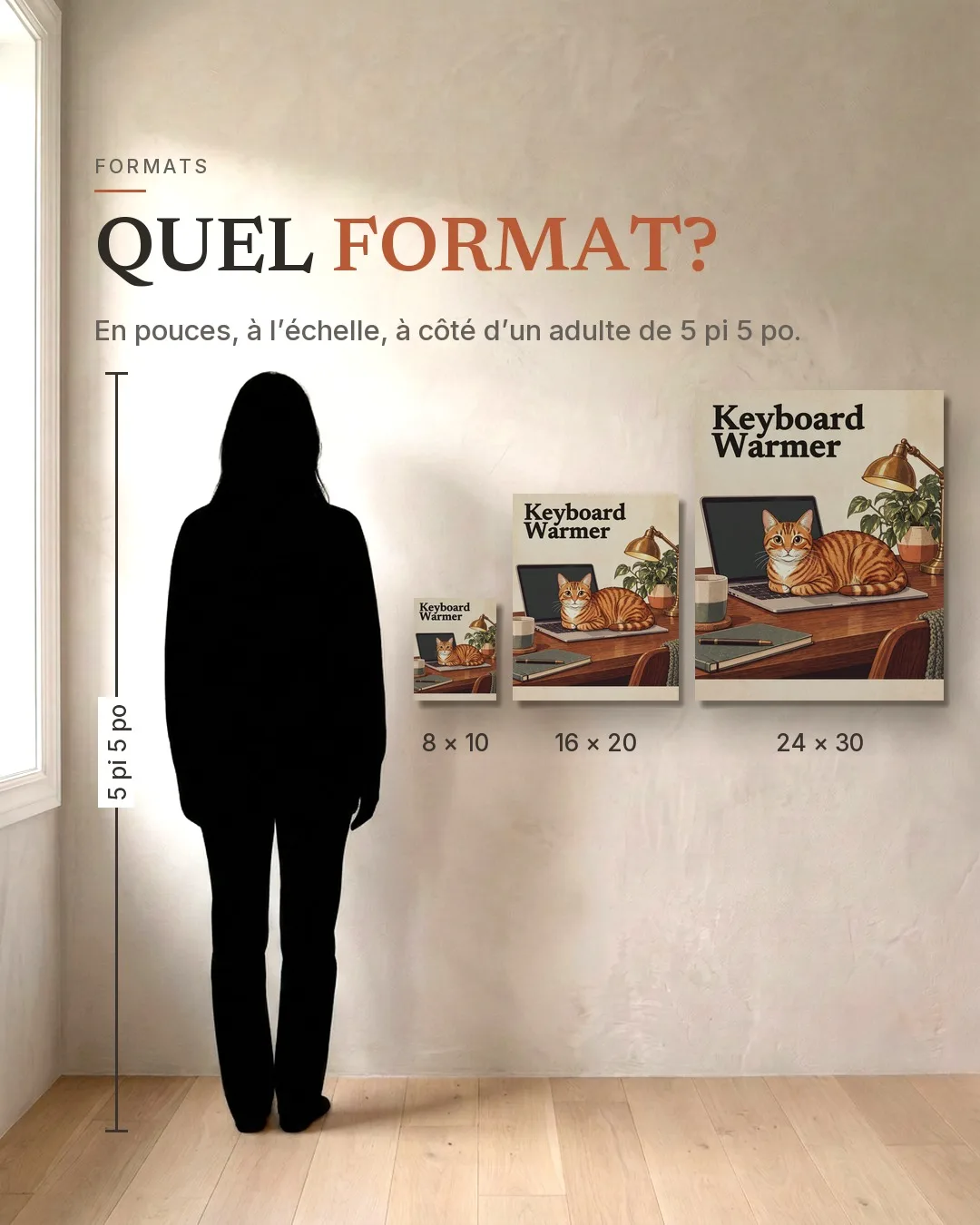 Le chauffe-clavier : les trois formats, 8 × 10, 16 × 20 et 24 × 30 po, au mur à côté de la silhouette d’un adulte de 5 pi 5 po.