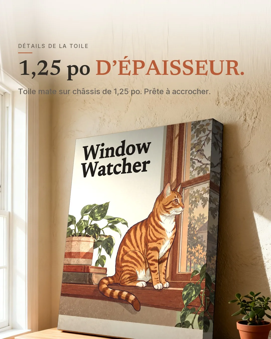 La guetteuse à la fenêtre : la toile appuyée contre un mur, vue de côté pour montrer son épaisseur de 1,25 po.